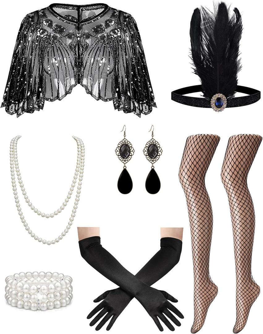 1920s Flapper Dresses Accessories for Women Theme Set Roaring 20s Great Gatsby Costume Dresses Accessories for Women (One Size, Black)