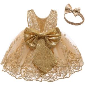 0-6T Big Bowknot Sequins Toddler Baby Girls Embroidered Lace Dresses with Headwear (3-6 Months, 8557b Gold)