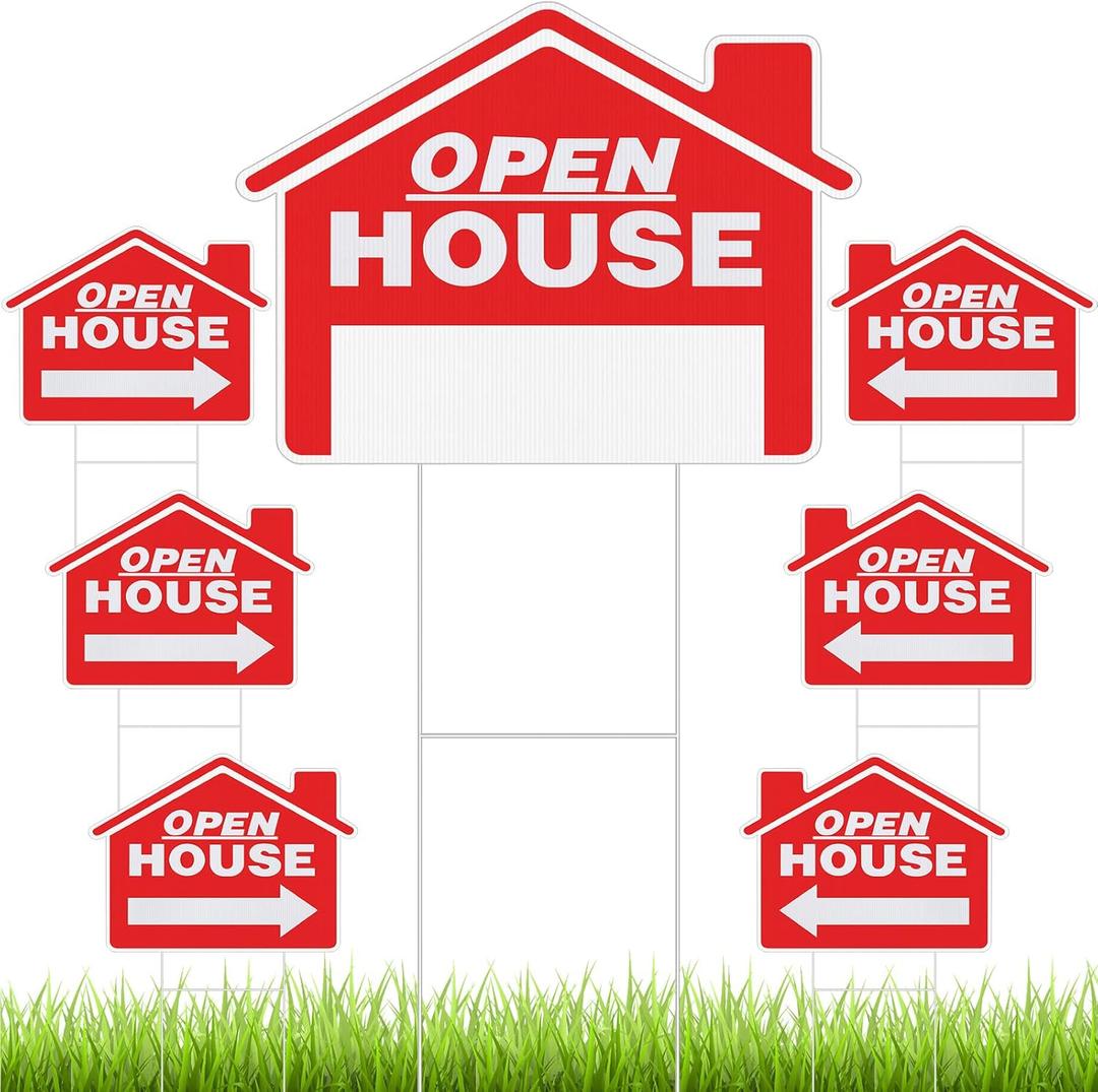 Leinuosen 7 Pcs Open House Signs for Real Estate with Stakes 24" x 18"Open House Red Property Yard Sign Double Sided Estate Sale Signs with Directional Arrows for Outdoor Agent Supplies