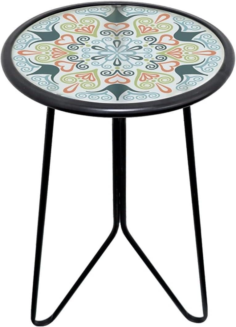 Patio Side Table, 12" Outdoor Metal Side Table with Glass Top, Indoor Round Accent End Table for Living Room or Bedroom, Small Decorative Plant Stand Table for Garden Yard Balcony