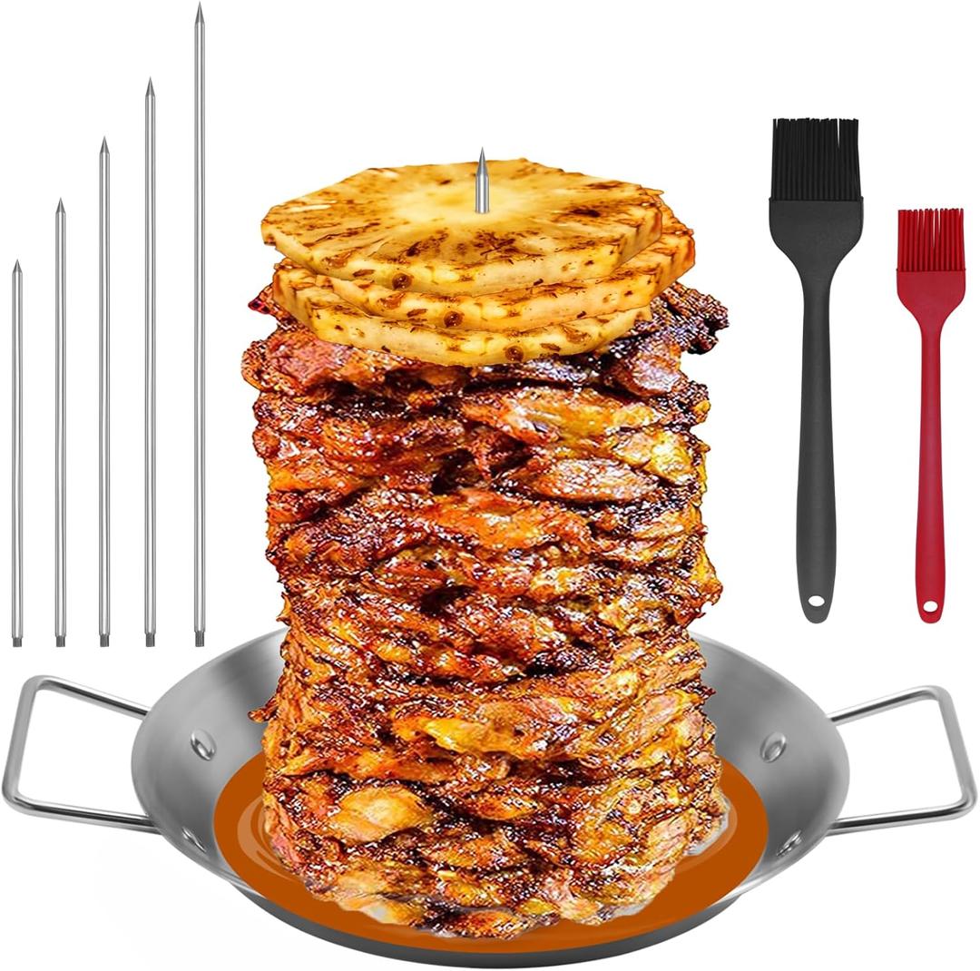 Al Pastor Skewer for Grill, Stainless Steel Vertical Skewer, Brazilian Vertical Spit with 5 Spikes(6"/8/10"/12/14")& Brushes, for Tacos Al Pastor, Shawarma Kebabs Smoker Oven BBQ Dishes (13'')
