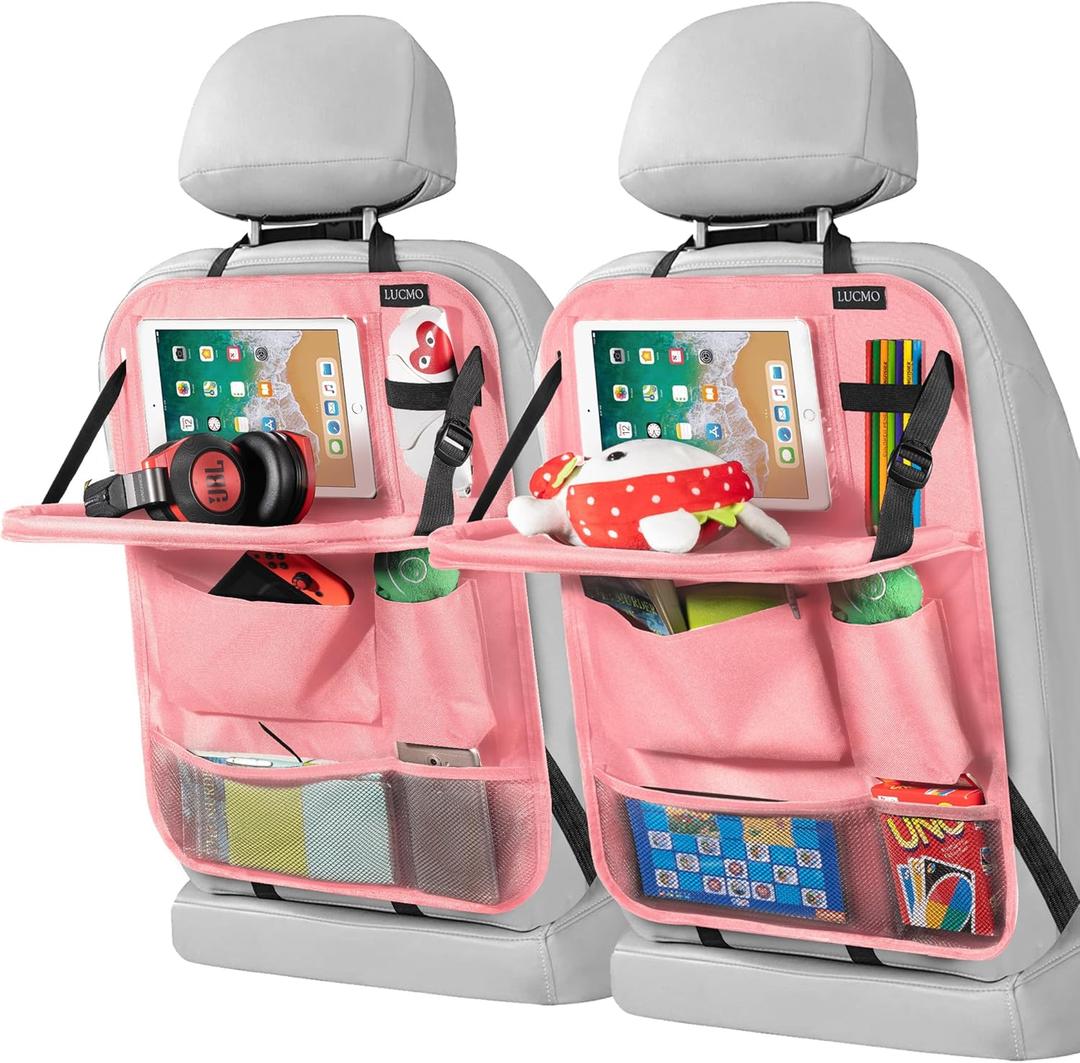 LUCMO Car Backseat Organizer with Tablet Holder-2 Pcs,6 Storage Pockets Car Storage Organizer with Foldable Food Tray,Protectors Kick Mats Travel Accessories-Pink (2 Pack with Food Tray)