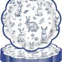 50Pcs Blue Floral Paper Plates 9" Heavy Duty Blue White Retro Flower Rabbit Party Decoration Disposable Chinoiserie Vintage Floral Scalloped Plates for Spring Tea Party Bridal Wedding Supplies
