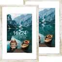 Hongkee 16x24 Frame Set of 2, Distressed White Wood Style - Display 16 x 24 Picture without Mat or 12x18 Picture with Mat, Wall Mounting Horizontal and Vertical