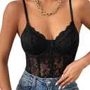 Black Lace Bodysuit Women Sexy Floral Lace Sheer Mesh Corset Tops Date Night Club Going Out Rave Outfit with Straps, Size L