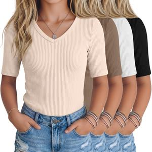 LessonZoo 4 Pack Teen Girls T Shirts Kids Summer V Neck Tops Ribbed Basic Cute Tees Short Sleeve Clothes for Tween 5-14 Years(Black, White, Mocha, Cream,11-12 Years)