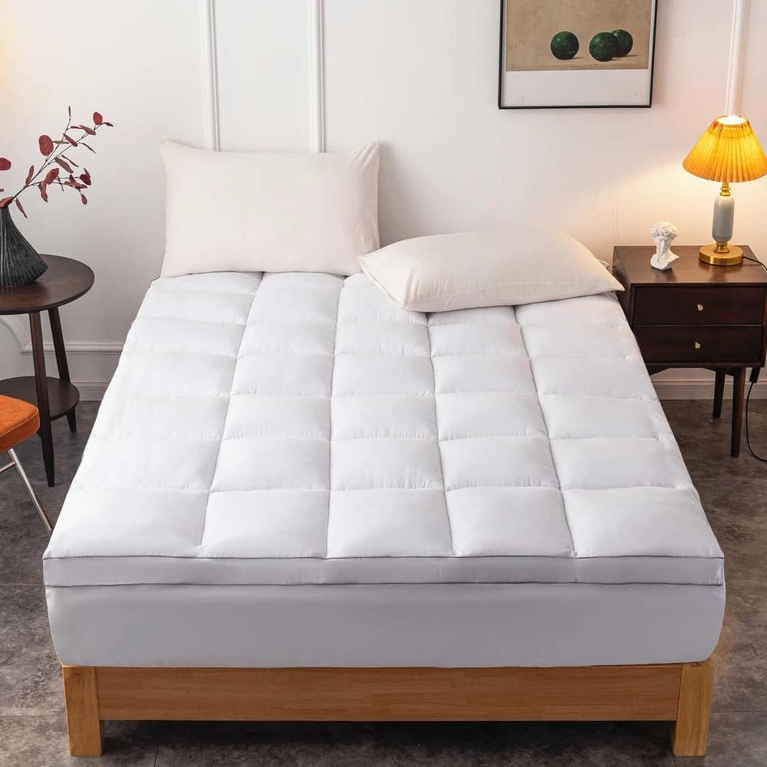 DROVAN Mattress Topper Queen Size - Extra Thick Mattress Pad Cover - Pillow Top Deep Pocket with Breathable 7D Spiral Fiber Filling Cooling Mattress Cover (White)