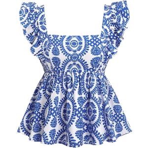 Floerns Women's Summer Boho Cute Square Neck Ruffle Cap Sleeve Blouse Smocked Peplum Top (Large, Blue)