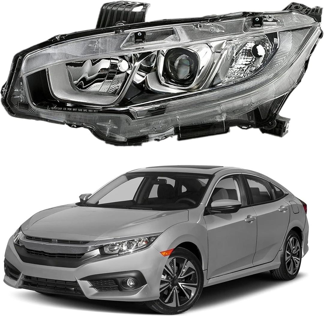 munirater Headlight Assembly Driver Side Chrome Projector Replacement for C-ivic 2016 2017 2018 Halogen