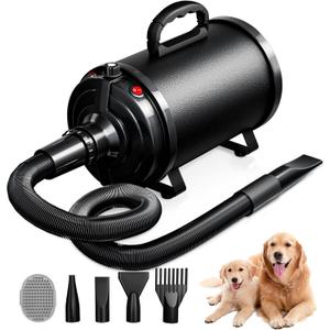 Dog Dryer Pet Hair Blower High Velocity for Grooming, Blow 3800W/5.2HP for Large Dogs Sechoir Pour Chien with Stepless Adjustable Speed, 4 Different Nozzles and Dog Brush,Black
