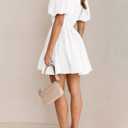 BWQ Women Mini Dress Short Puff Sleeve Sexy V Neck Dress A-line Elastic High Waisted Casual Flowy Summer Dresses (White)