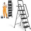 5 Step Ladder, Protable Steel Folding Stool with Wide Anti-Slip Pedal, Tool Platfor, Sturdy Steel Ladder, Black