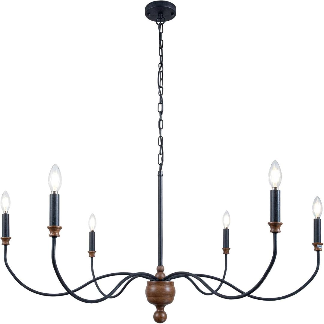 Black Farmhouse Chandelier Light Fixture, 6-Light Large Hanging Pendant Lights, Modern Candle Light Chandelier for Dining Room, Living Room, Bedroom, Foyer, Kitchen Island