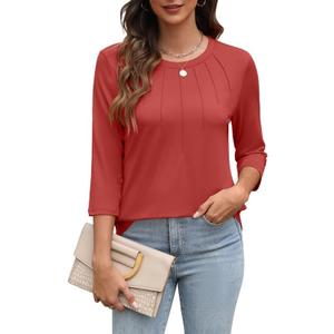 Womens Tops 3/4 Length Sleeve Round Neck Casual Loose Fit Tunic Tops Basic Pleated Shirts 2025 (Red)