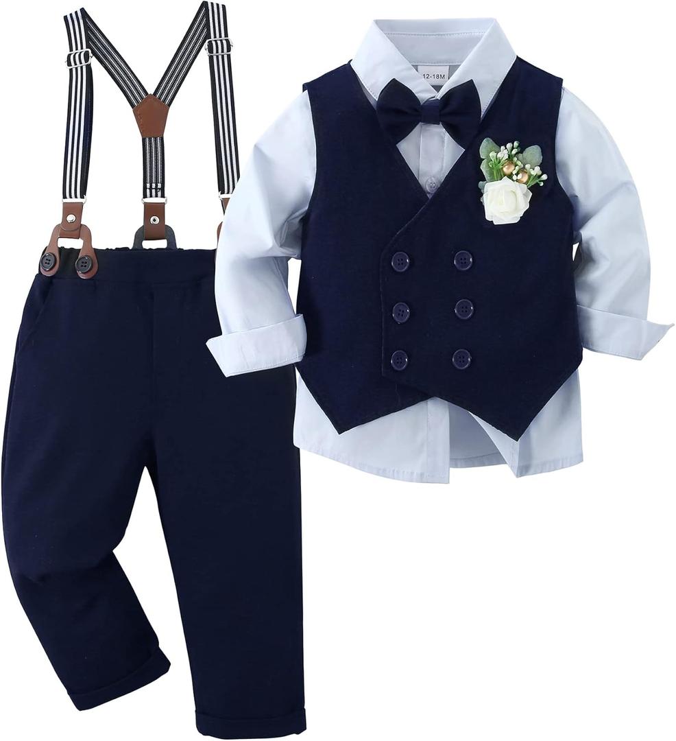 YALLET Toddler Baby Boy Clothes Suit Gentleman Wedding Outfits, Formal Dress Shirt+Bowtie+Vest+Boutonniere+Suspender Pants (12-18 Months, V Navy Blue)