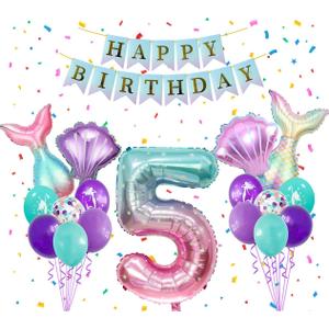 Mermaid Birthday Party Decor, Blue Pink Purple Party Supplies Set, Mermaid Tail Shell Balloons Number 5 Balloon 32Inch with Happy Birthday Banner Kit, 5th Bady Decor