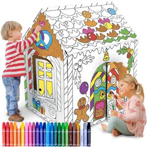 ArtCreativity Gingerbread House Craft Kit for Kids with 24 Butter Crayons - Black and White Gingerbread Cardboard Playhouse to be Colored - Mess-Free Coloring Fun Kids Christmas Activities Ages 3-9