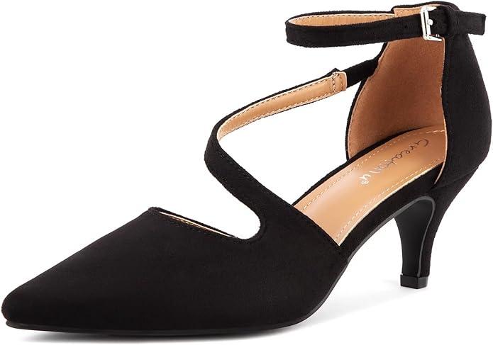 Greatonu Women's Low Heeled Closed Pointed Toe Pumps Kitten Heel Cross Strap Wedding Bridal Party Office Dress Shoes, 10