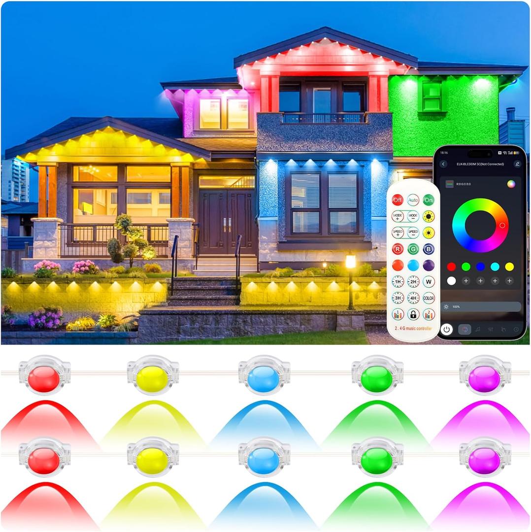 200FT Permanent Outdoor Lights for House, RGB LED Eave Lights with APP/Remote Control, Music Sync & DIY Scenes, IP67 Waterproof Outdoor House Light for Christmas, Halloween, Party, Holiday, Daily