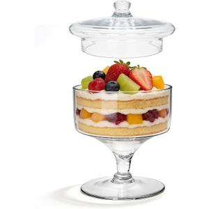 Glass Trifle Bowl with Pedestal and Lid, Trifle Serving Dish, Modern Minimalist Clear Glass Dessert and Cake Stand, with Pedestal for Displaying Pastries, Fruit and Layered Desserts, Ideal for Party