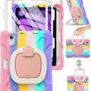 BRAECN Kids Case for iPad mini 7 (A17 Pro) 2024/iPad Mini 6th Gen 8.3'' 2021 A2567/A2568/A2569, Silicone Cover w/Screen Protector, Handle Grip, Kickstand, Shoulder Strap, Pencil Holder, Colorful Pink