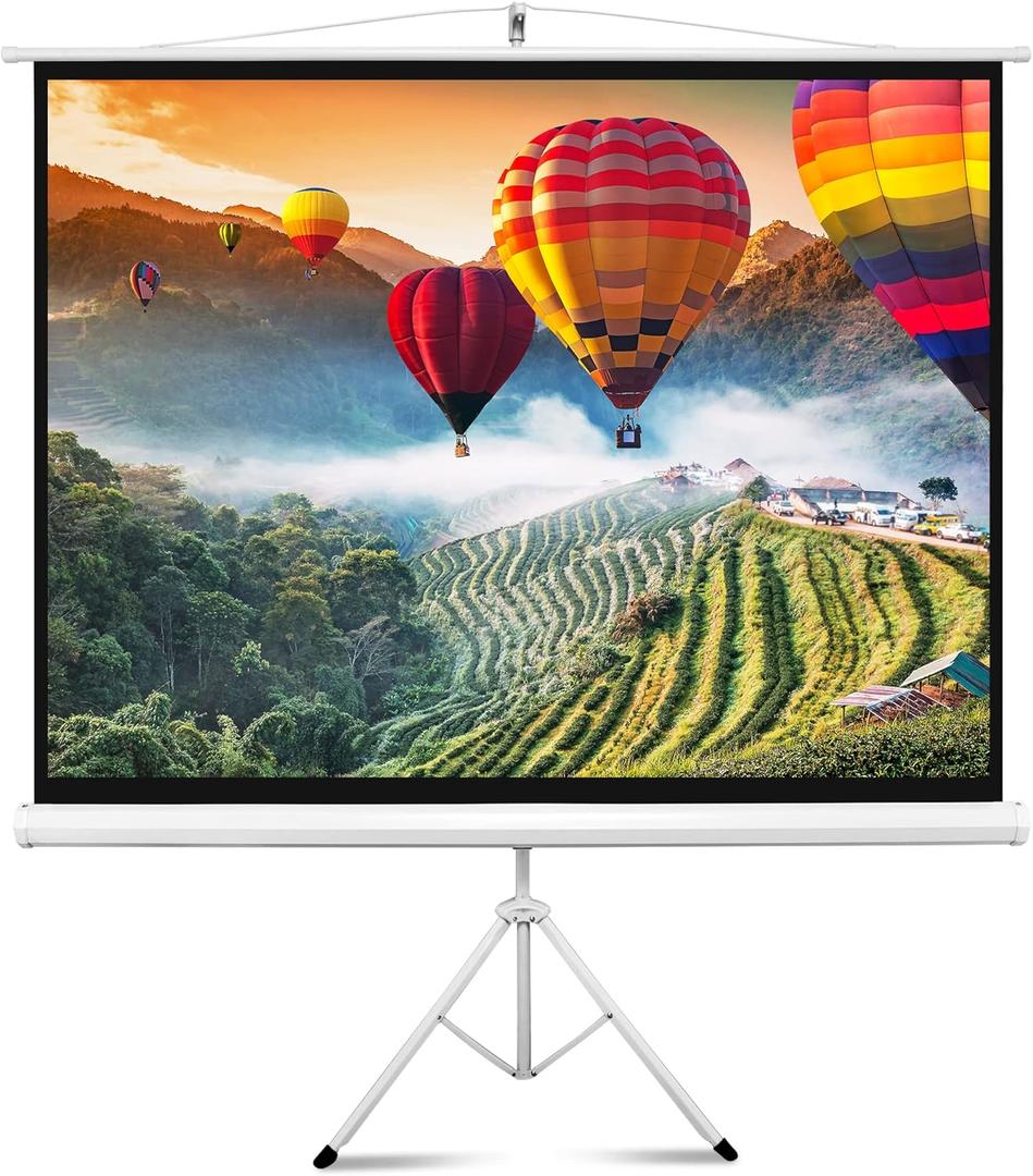 Projector Screen 84" with Floor Standing Portable Fold-Out Roll-Up Tripod Manual, Mobile Movie Screen, Home Theater Cinema Wedding Party Office Presentation, Quick Assembly