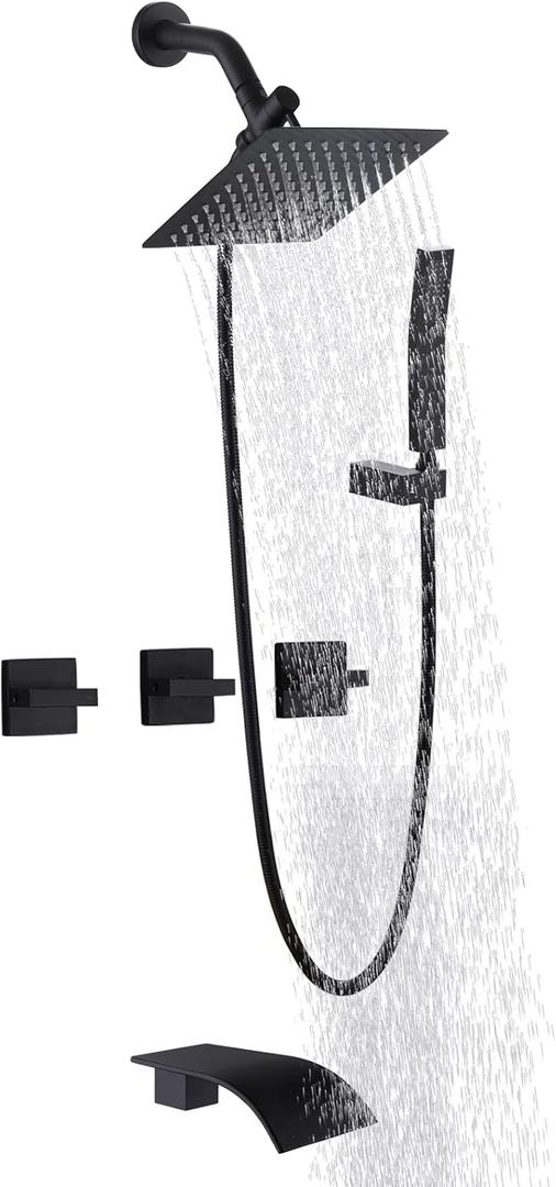 3 Handles Tub Shower Faucet, Bathtub Shower Faucet Set with Tub Spout, Dual 2 in 1 Shower System Complete Tub and Shower Trim Kit, Matte Black