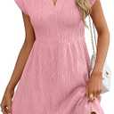 ANRABESS Women's Summer V Neck Cap Sleeve Tunic Short Dress 2025 Casual Fit Textured Aline Beach Vacation Sundress Pink Small