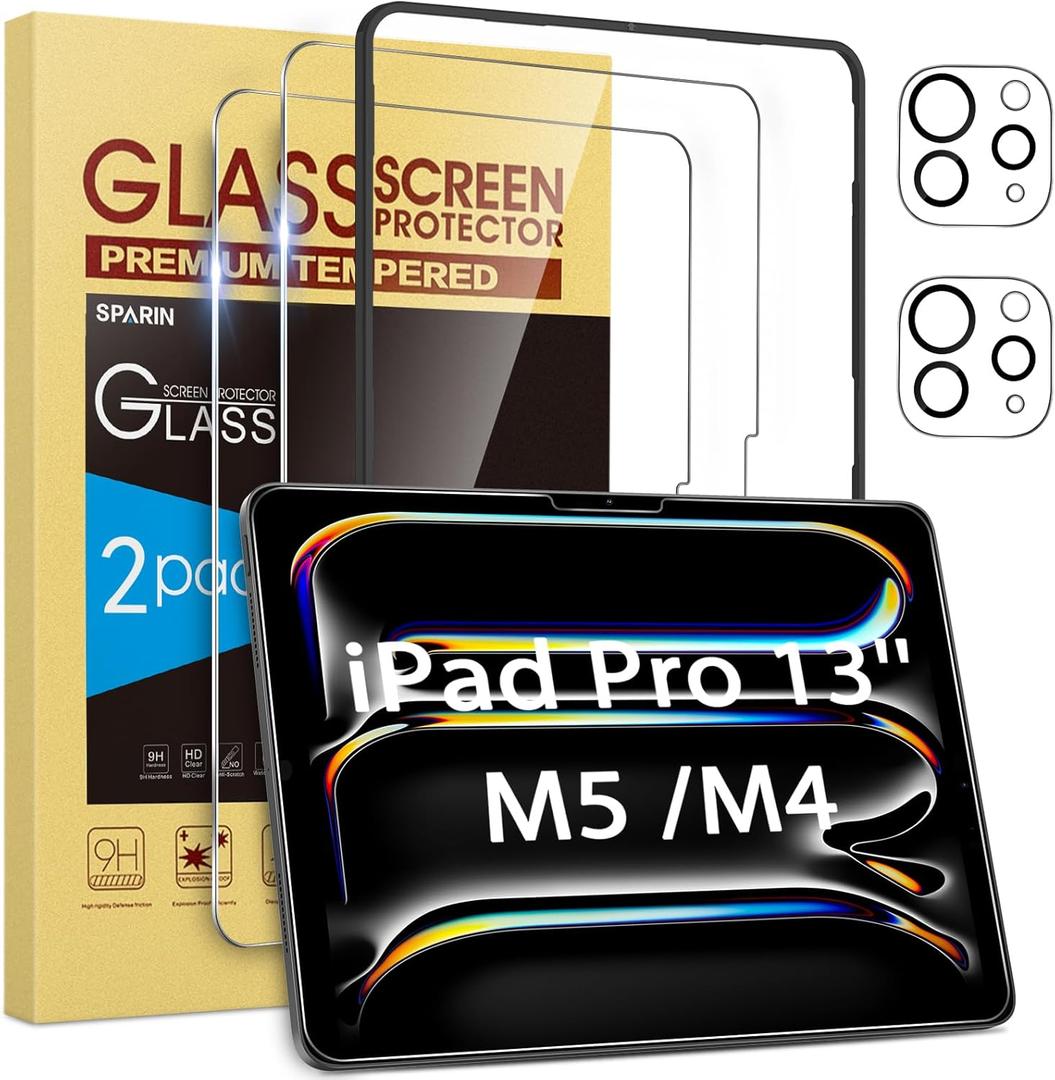 SPARIN 2+2 Pack Screen Protector for iPad Pro 13 inch M5/M4 (2025/2024-8th 7th generation)+ Camera Lens Protector, Tempered Glass with Alignment Frame/Case Friendly/Apple Pencil Pro support