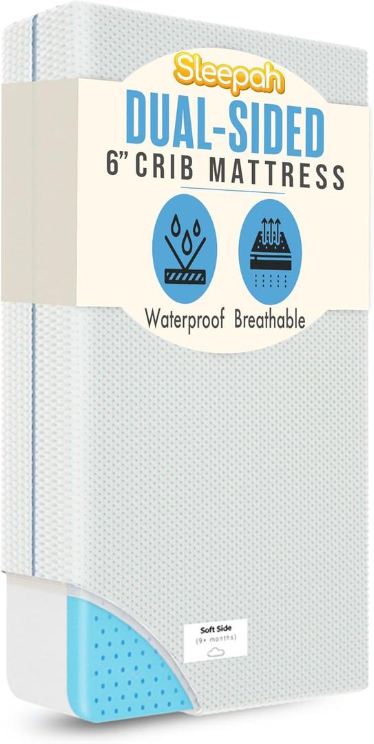 Sleepah 6" Crib & Toddler Bed Mattress Dual Sided (Firm & Plush) Cooling Memory Foam  Waterproof Washable Breathable Soft Cotton Fabric  CertiPUR Baby Mattresses - for Baby & Toddlers (Blue) (Grey)