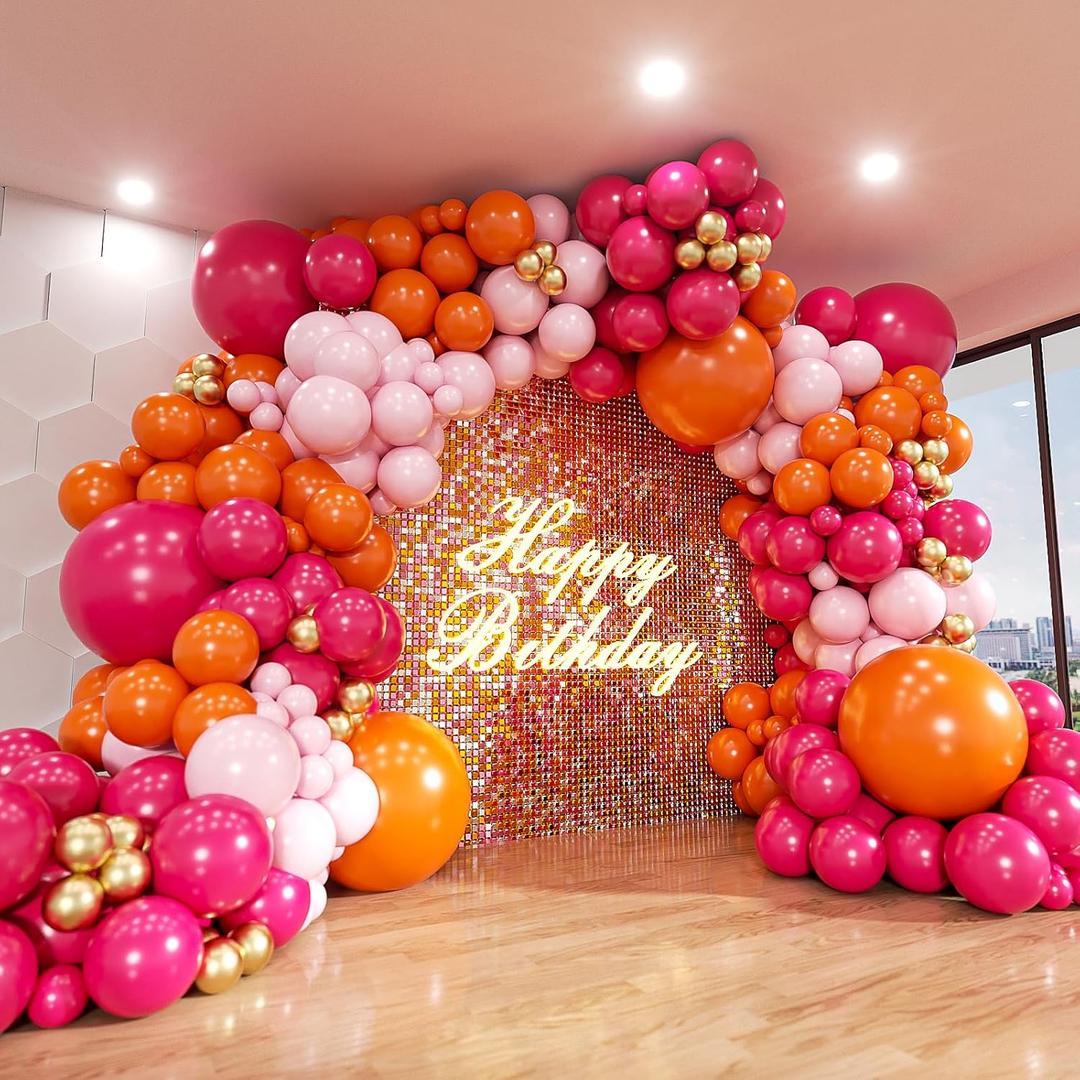 Pink and Orange Balloon Arch Kit, ADOINBY 161Pcs Hot Pink Orange Metallic Gold Latex Balloon Garland kit, 18 12 10 5 Inch Different Size Balloons for Birthday Baby Shower Wedding Party Decorations