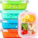 5 Pack Glass Meal Prep Containers 3 Compartment with Lids, Divided Glass Storage Containers with Silicone Sleeve for Lunch, Leak-Proof Portion Control Food Containers, Dishwasher Safe, 34 oz