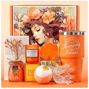 Gifts for Women Unique Spa Gifts Basket Set Birthday, Mothers Day, Valentines Day Christmas Gifts for Mom, Sister, Her, Girlfriend, Wife Bright Orange Gift Box