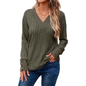 Dokotoo Womens Soft Long Sleeve V Neck Shirts Solid Casual Decorative Buttons Knitted Pullover Tunic Tops (Medium, A-moss Green)