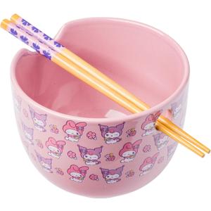 Silver Buffalo Sanrio Hello Kitty and Friends My Melody and Kuromi Pastel Flowers Ceramic Ramen Noodle Rice Bowl with Chopsticks, Microwave Safe, 20 Ounces