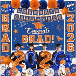 Graduation Decorations Class of 2026, Blue and Orange Graduation Decorations with Congrats Grad Backdrop, Class of 2026 Banner,Porch Sign, Balloons, Foil Number 2026 for graduation Party Supplies