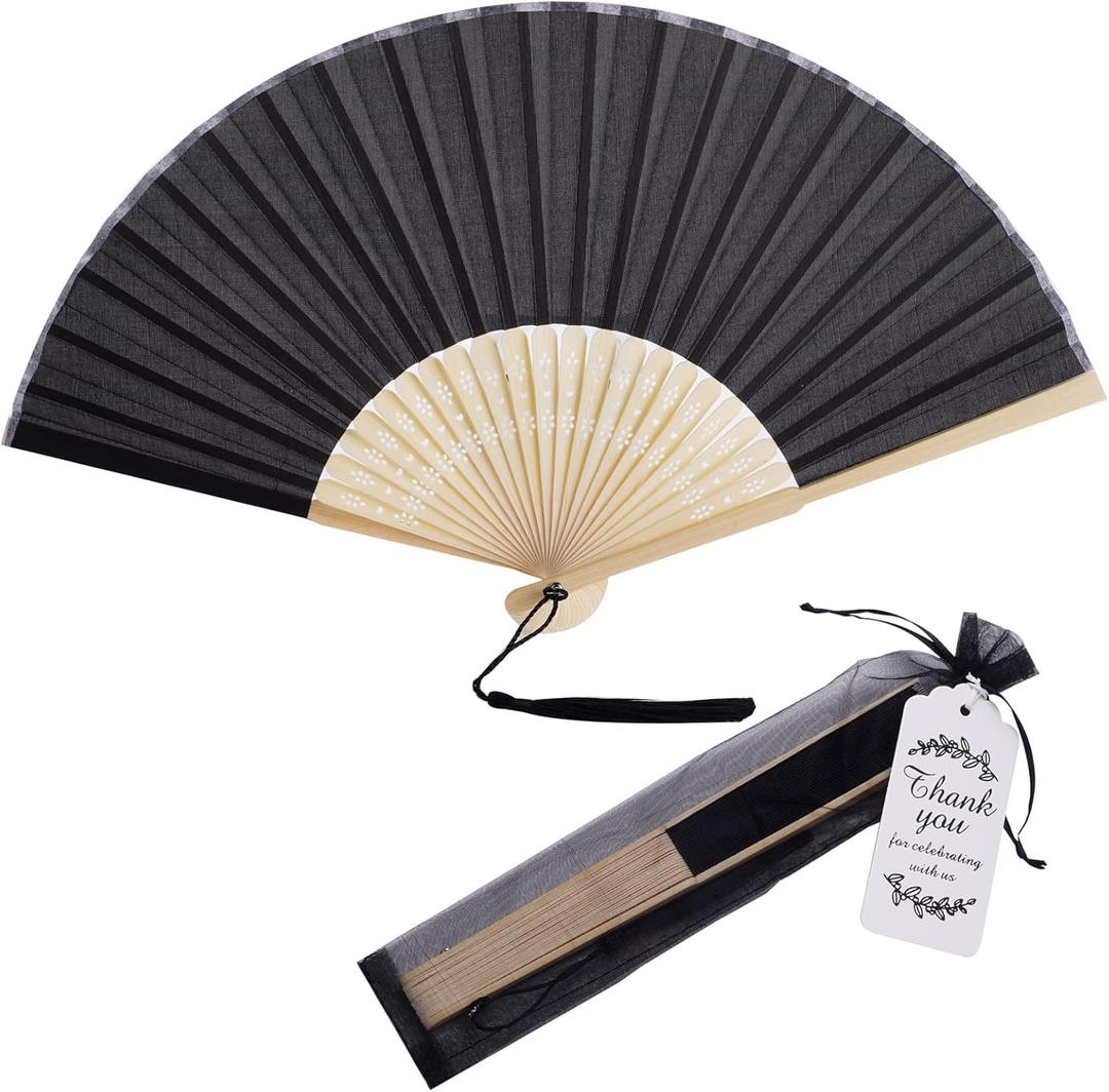 50 Sets Imitated Silk Hand Fan with Tassel and Organza Bags and Thank You Tags Fabric Handheld Folding Fans Bamboo Frame Bridal Dancing Props Wedding Party Favors (Black)