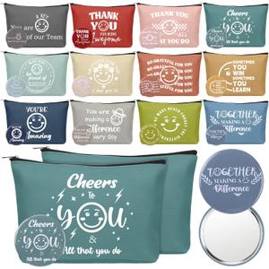 24 Pcs Employee Appreciation Gifts Bulk for Women Inspirational Valentines Gifts Smile Holiday Canvas Makeup Bags Compact Mirrors Thank You Present Bulk for Team Coworker Nurse Teacher