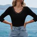 LUXVEER 3/4 Length Sleeve Womens Tops Lace Sexy V Neck Ribbed Knit Fitted T Shirts Dressy Casual Blouses Going Out Tops (Black, M)