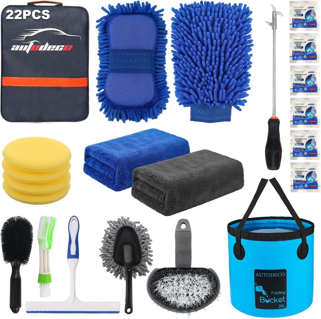 AUTODECO 17 Pcs Car Wash Cleaning Tools Kit Car Detailing Set with Blue Canvas Bag Collapsible Bucket Wash Mitt Sponge Towels Tire Brush Window Scraper Duster Complete Interior Car Care Kit (Blue)