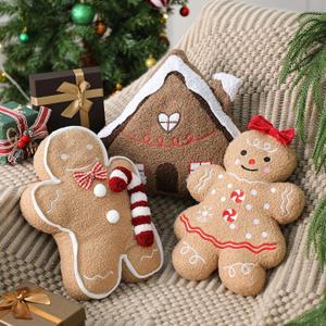Vicenpal 3 Pcs Christmas Throw Pillows Plush Teddy Sherpa Gingerbread Men Gingerbread House Shaped Christmas Decorative Pillows for Winter Holiday Party Outdoor Bedroom Cushion Decoration