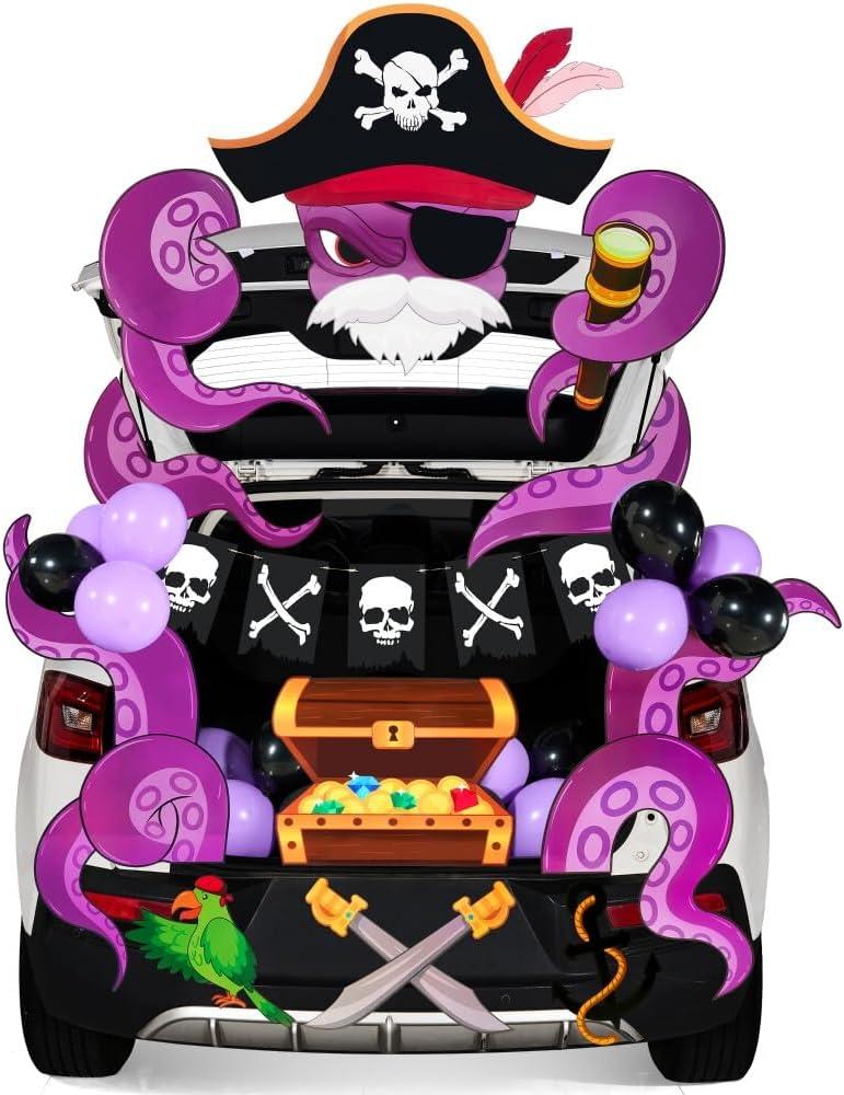 JOYIN Halloween Pirate Trunk Or Treat Car Decorations Kit for SUV Outdoor Indoor Decor Octopus, Banner Haunted House Archway Balloons Knife Treasure Chest