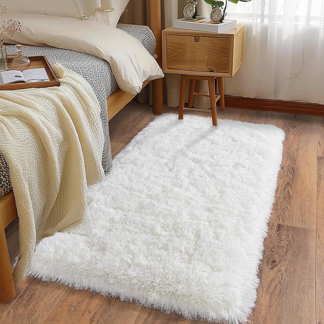 Ultra Soft Runner Rugs for Bedroom Hallways with Upgraded Non-Slip Rubber Backing & Thick Memory Sponge, 2x4 Feet Fluffy Shag Throw Area Rug for Bedside Dorm Cream