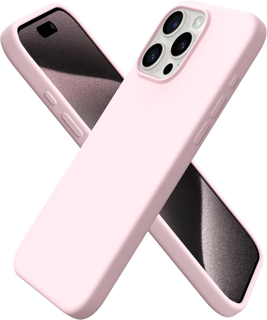 ORNARTO Compatible with iPhone 15 Pro Max Case 6.7", Slim Liquid Silicone 3 Layers Soft Gel Rubber Shockproof Protective Phone Case with Anti-Scratch Microfiber Lining-Chalk Pink