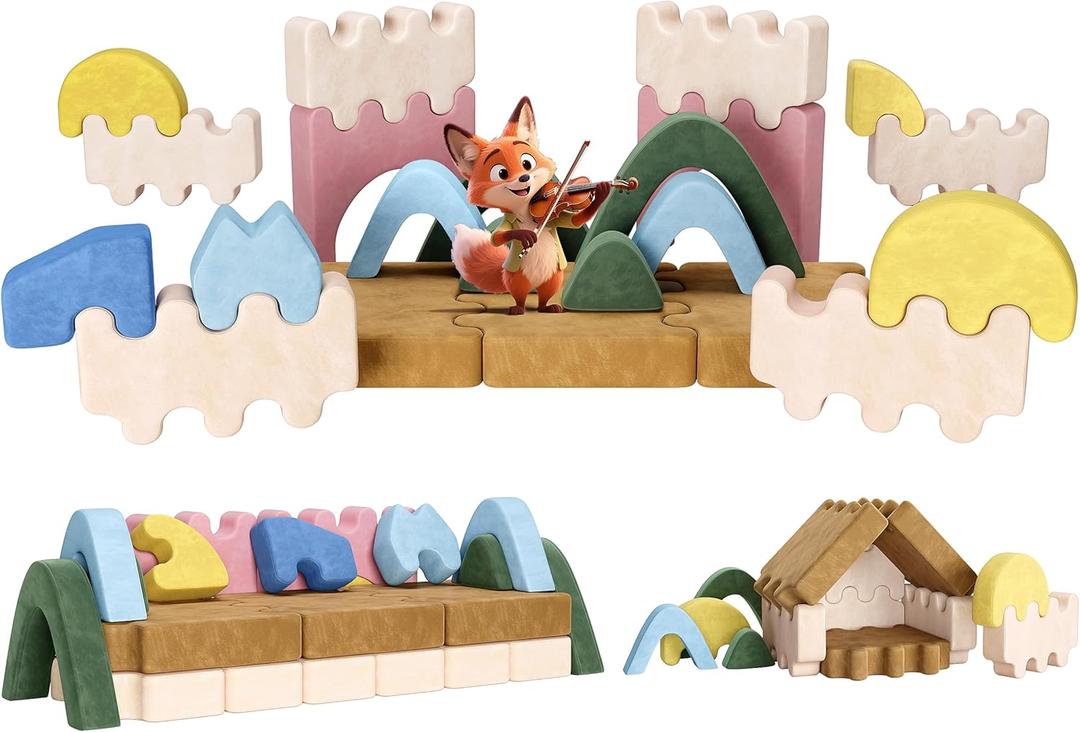 CoziBB 6Pcs Modular Kids Play Couch, Toddler Couch with Convertible and Multifunctional Foam for Inspiring Child Creativity, Kids Couch for Playroom Bedroom - Junlge Theme