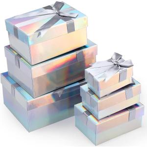 Cholemy 6 Pcs Christmas Nesting Gift Boxes with Lids Xmas Nesting Boxes Stacked Christmas Classic Design in 6 Assorted Sizes for Giving Decorative Wrapping Present Gift(Cute Style,Sliver)