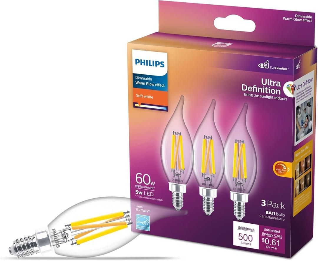 PHILIPS LED 60W BA11 E12 Chandelier Bulbs 3-Pack Ultra Definition Soft White (2700K) 500 Lumen (5W = 60W) Dimmable Flicker-Free LED Candelabra Bulbs