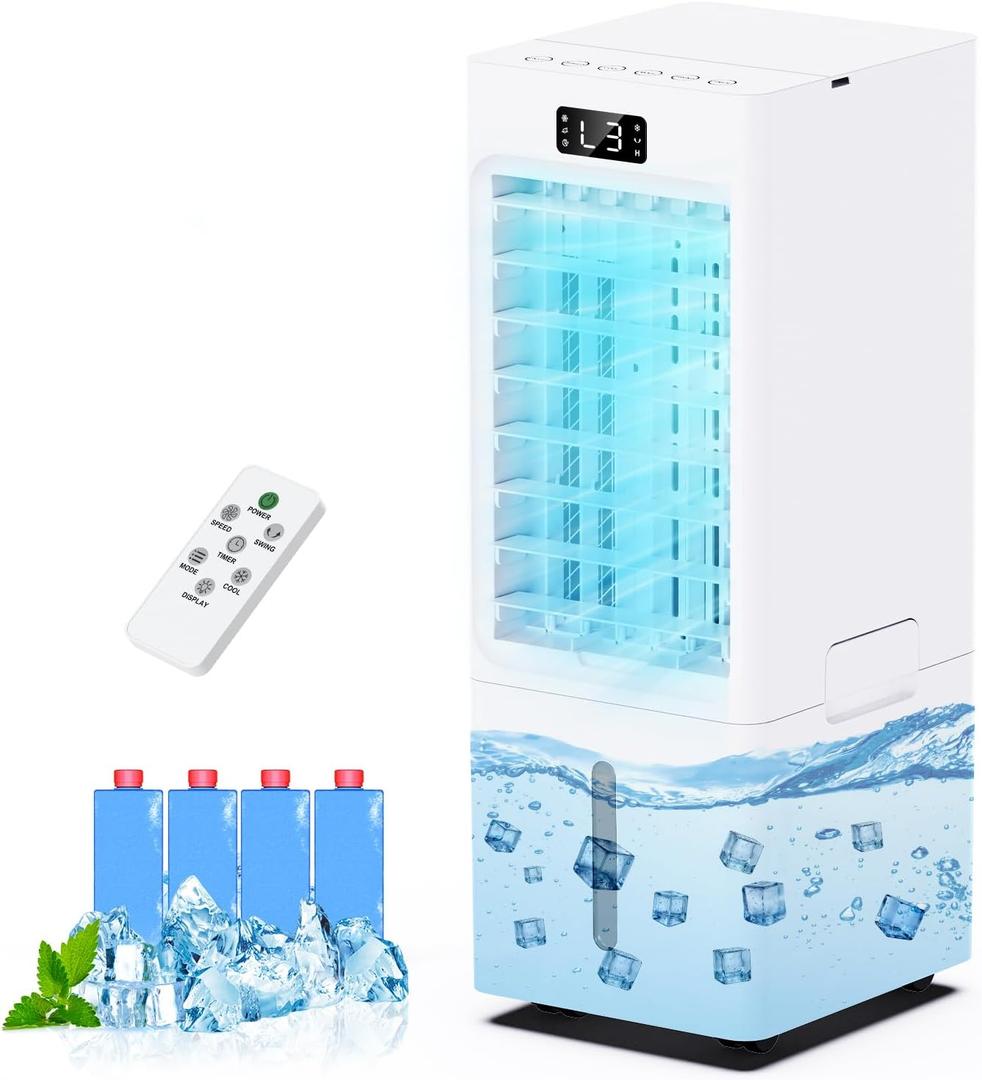 Swamp Cooler, 6L Windowless Portable Air Conditioners, 3-IN-1 Evaporative Air Cooler with Remote, 4 Modes & 3 Speeds, 4 Ice Packs, Auto Oscillating, 12H Timer, Quiet Cooling Fan