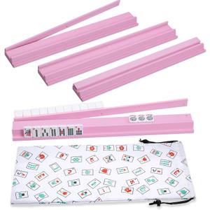 Mahjong Racks with Pushers, Pink Wooden American Mahjong Tile Pushers and Racks Set of 4, with White Printed Mahjong Racks Drawstring Bag, Mahjong Accessories (19.68 Inches), 19.68 inches x 2.55 inches x 1.06 inches