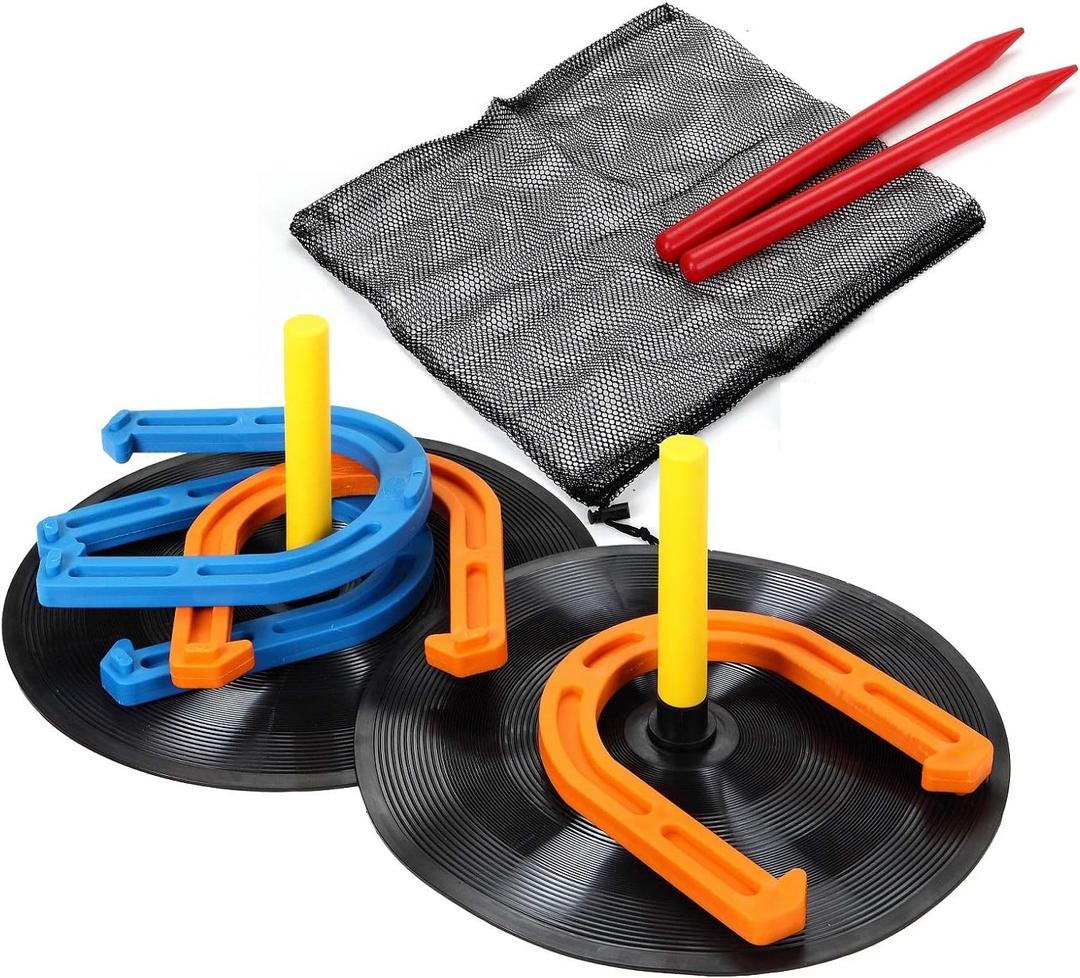 Outdoor Indoor Rubber Horseshoes Set - Win SPORTS Includes 4 Horseshoes,2 Pegs,2 Rubber Mats,2 Red Plastic dowels,Beach Games Perfect for Tailgating,Camping,Backyard,Fun for Kids Adults (Orange&Blue)